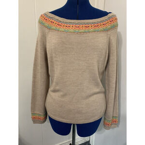 LizClairborne Fair Isle Chunky Knit Camel Wool Blend Beaded Boat Neck Sweater XL